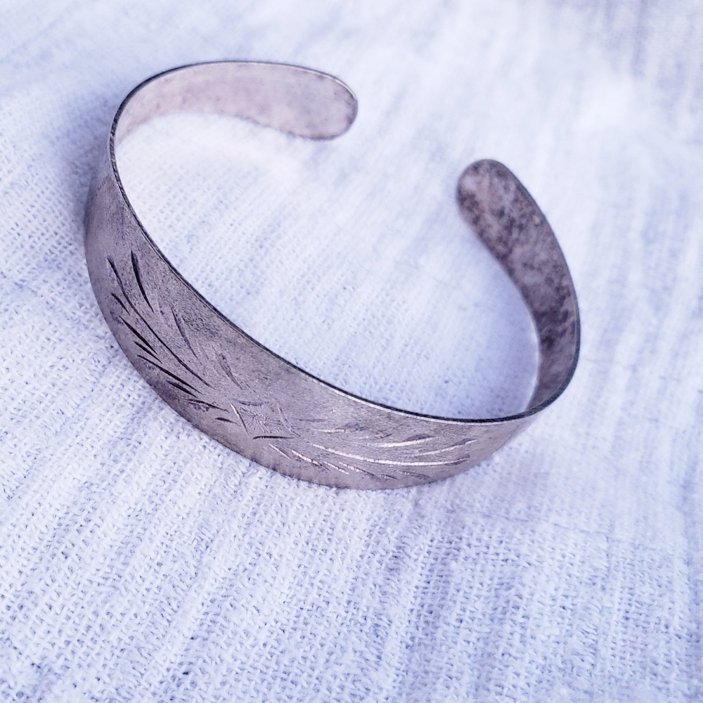 Sterling Silver 1950's Hand-Etched Cuff Bracelet